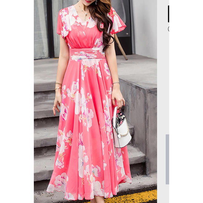 Women Short Sleeve Beautiful Flower Printed Long Length V-Neck Fabulous Thin Dress