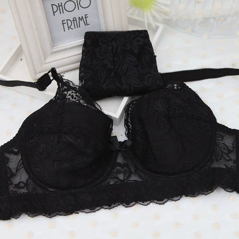 Ultra-thin full lace thin cotton cup set bra plump large cup BC underwear female