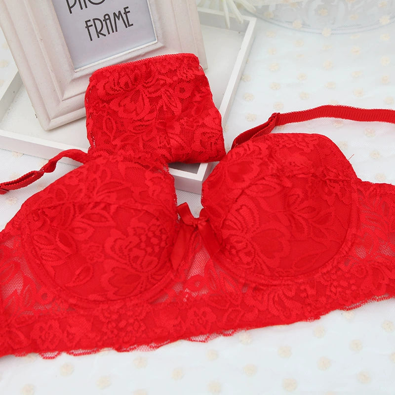 Ultra-thin full lace thin cotton cup set bra plump large cup BC underwear female