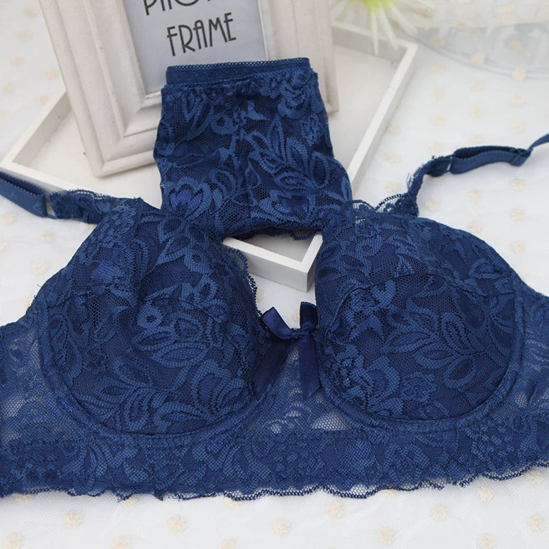 Ultra-thin full lace thin cotton cup set bra plump large cup BC underwear female