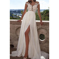 Women Cap Sleeve Lace Slit Gown Wedding Dress
