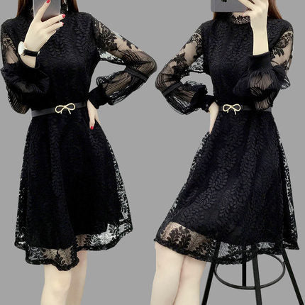 Long Sleeve Lace Hollow Design Midi Dress