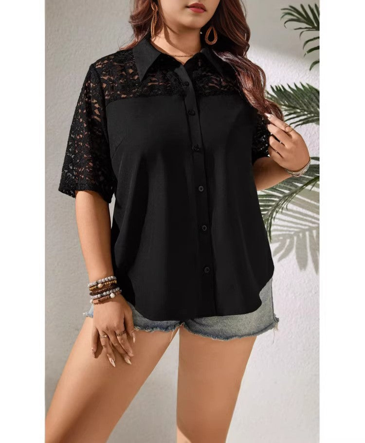 Women's Hollow-Out Lace Patchwork Loose Cardigan Shirt – Lightweight Casual Button-Front Layering Top