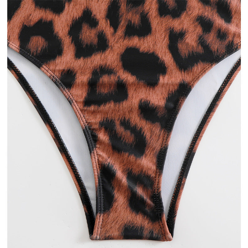 Leopard Print High Collar Sleeveless Zipper Bikini Belly Swimsuit