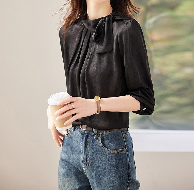 Women's Satin Long Sleeve Shirt - Professional Western Style Premium Office Top