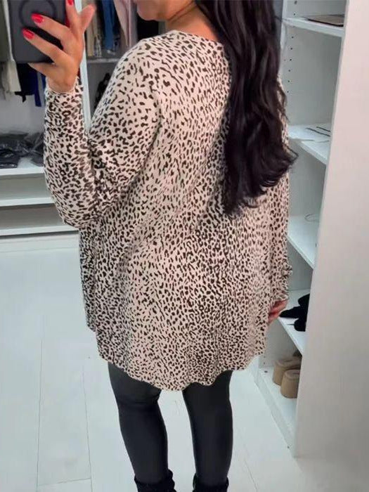 Women's Summer Round Neck Leopard Print Long Sleeve Layered Look Casual Fashion Top