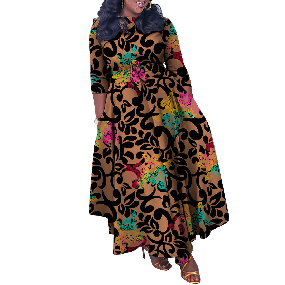 Women’s Autumn/Winter Elegant African Print Long Dress – Plus Size, Tie-Waist, Fashionable Foreign Trade Maxi Dress