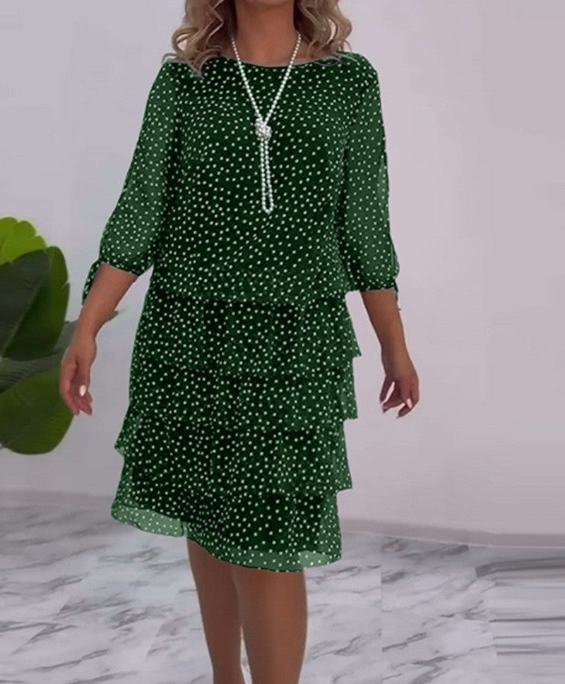 Elegant Printed Round-Neck Polka Dot Tiered Dress for Women
