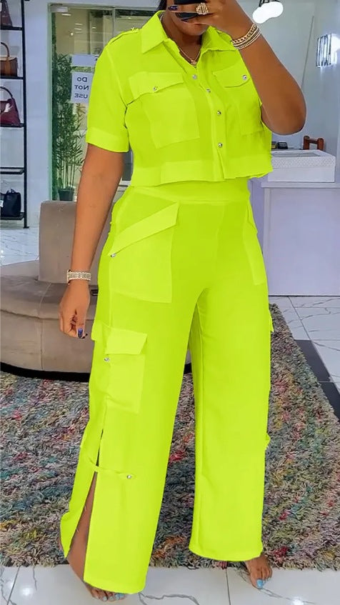Summer Women's High-Neck Top and Multi-Pocket Casual Two-Piece Outfit Set