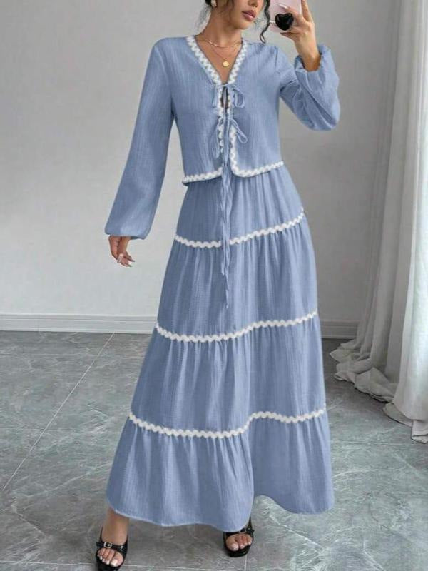 Women's Lace Layered Pleated Lantern Sleeve Bow Shirt and Matching Skirt Two-Piece Set