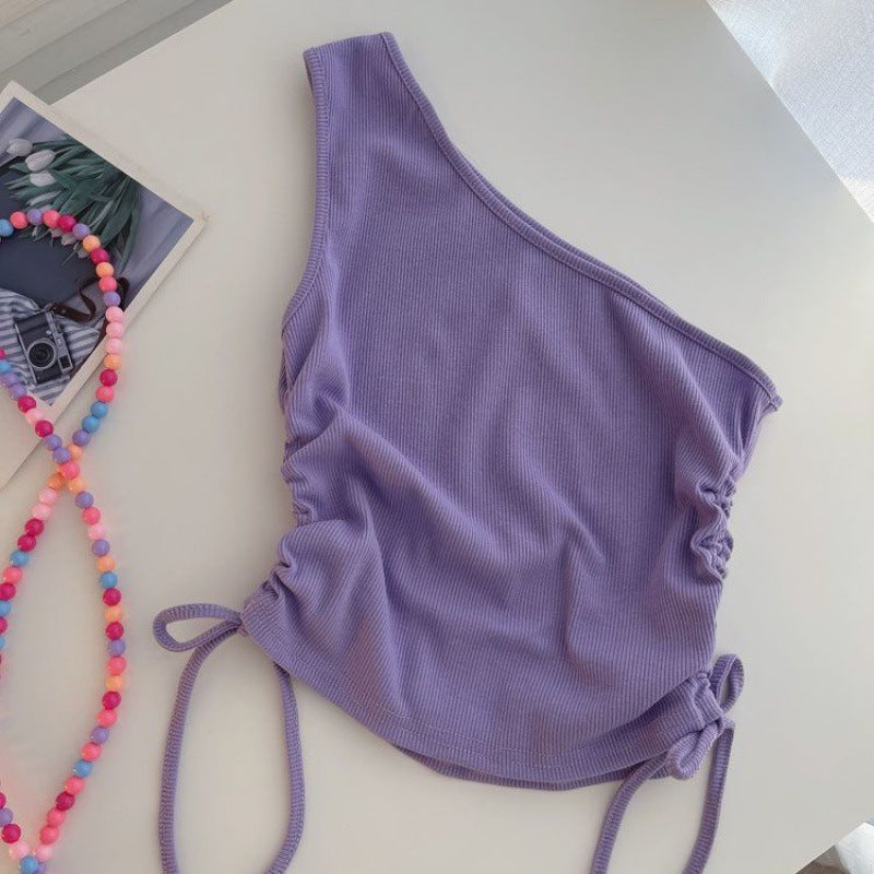 Girls Summer Vest Sling Top – Fashion Drawstring Irregular One-Shoulder Short Top for Kids - RAC26JP5500BATT