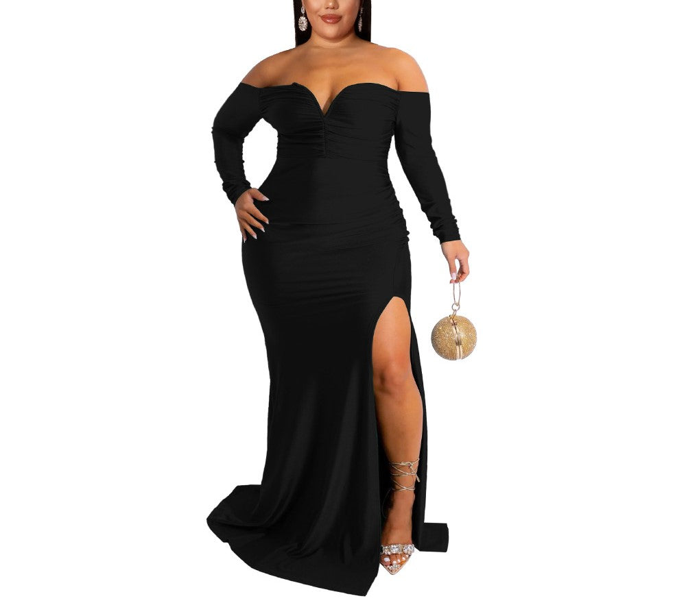 Plus Size Women's V-Neck Slit Long Dress – Solid Color Bodycon Nightclub Maxi Dress for Autumn & Winter
