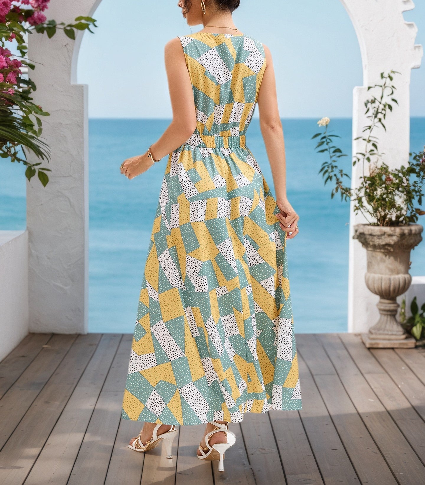 Women's Holiday Style Asymmetrical Geometric Print Sleeveless V-Neck Elegant Maxi Dress