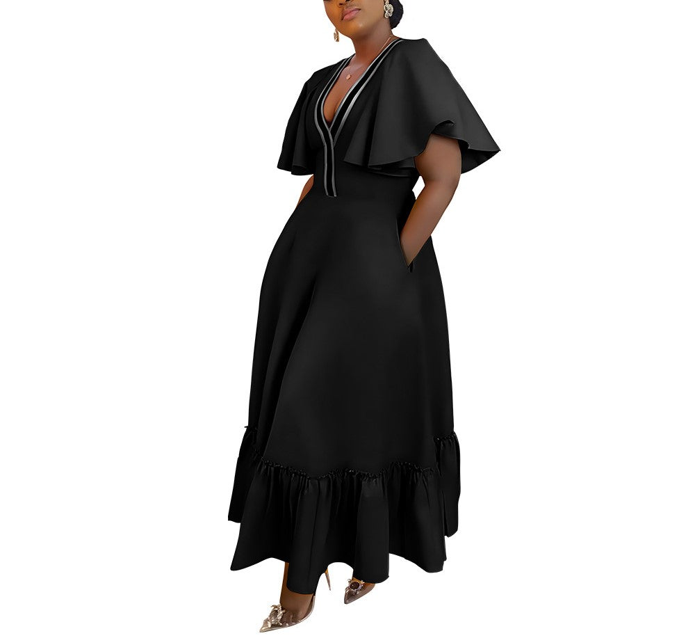 Plus Size Women's V-Neck Pleated Casual Dress with Lotus Leaf Sleeves – Elegant & Flowy Summer Midi Dress