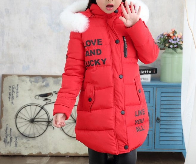 Girls’ Winter Cotton-Padded Coat – Thickened Mid-Length Jacket with Fur Collar - RAC25JP3248BOW