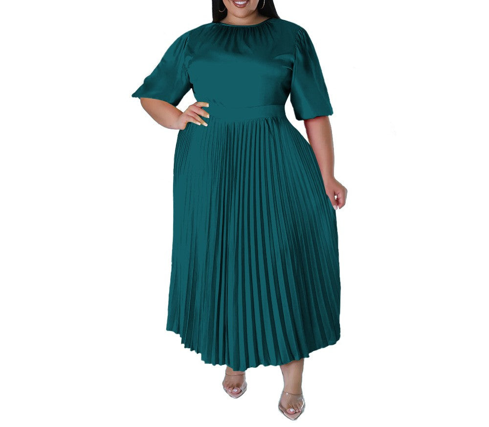 Plus Size Women's Autumn Winter Pleated Long Dress – Short Sleeve Round Neck Elegant Casual Maxi Dress