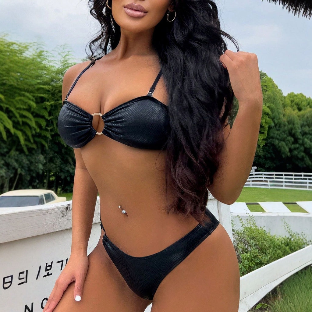New Solid Color Double Shoulder Strap Ring Gathered Bikini Split Swimsuit for Women