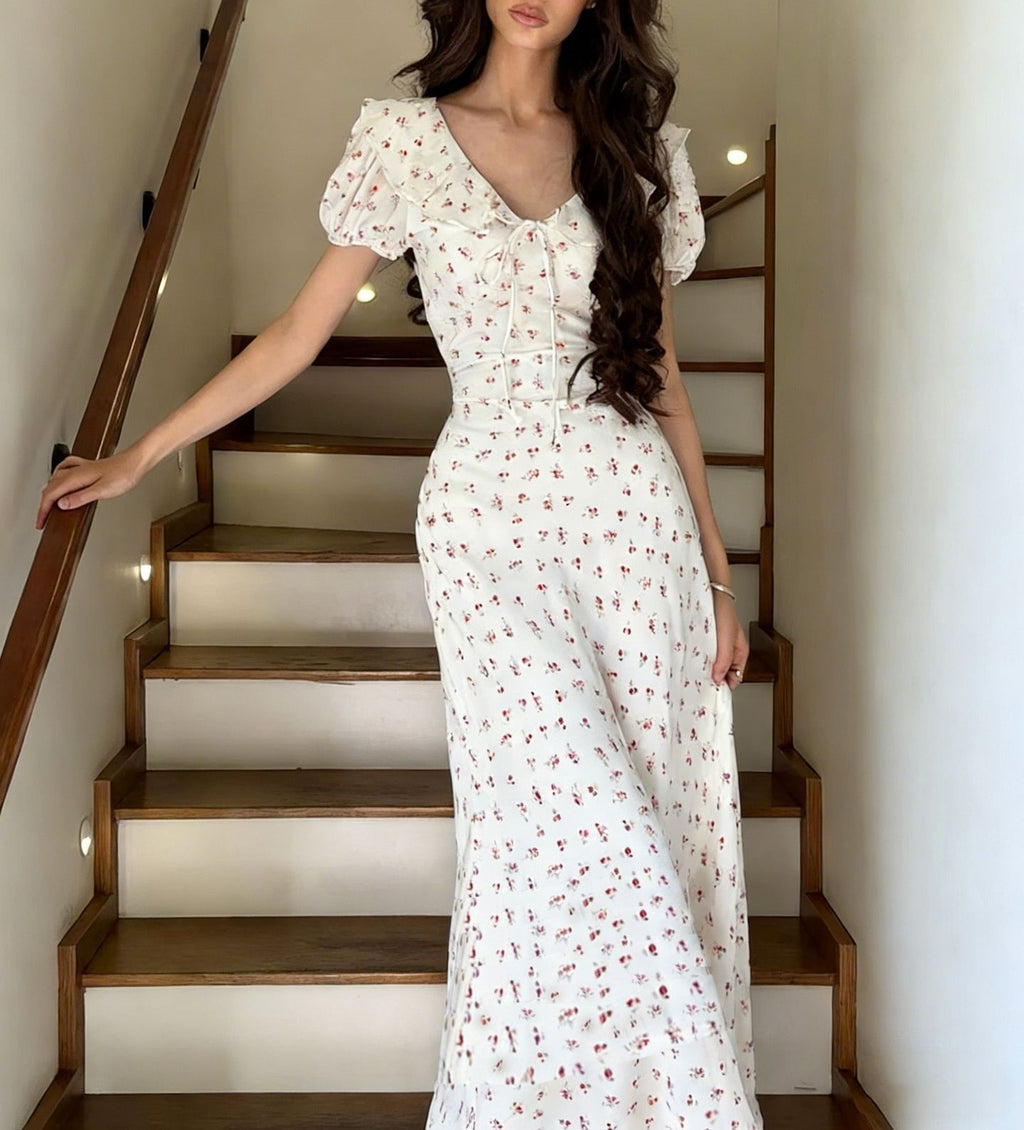 Women's French Peter Pan Collar Summer Dress with Short Sleeves, Elegant Casual A-Line Midi Dress