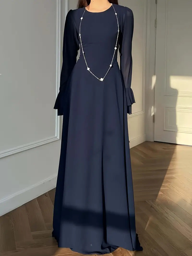 Women's Solid Color Round Neck Waist-Cinching Flared Sleeve Midi Dress for Autumn