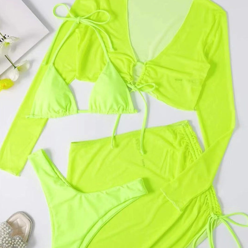 Four-Piece Women's Bikini Set with Long Sleeve Top and Split Gauze Skirt - Solid Color Swimsuit