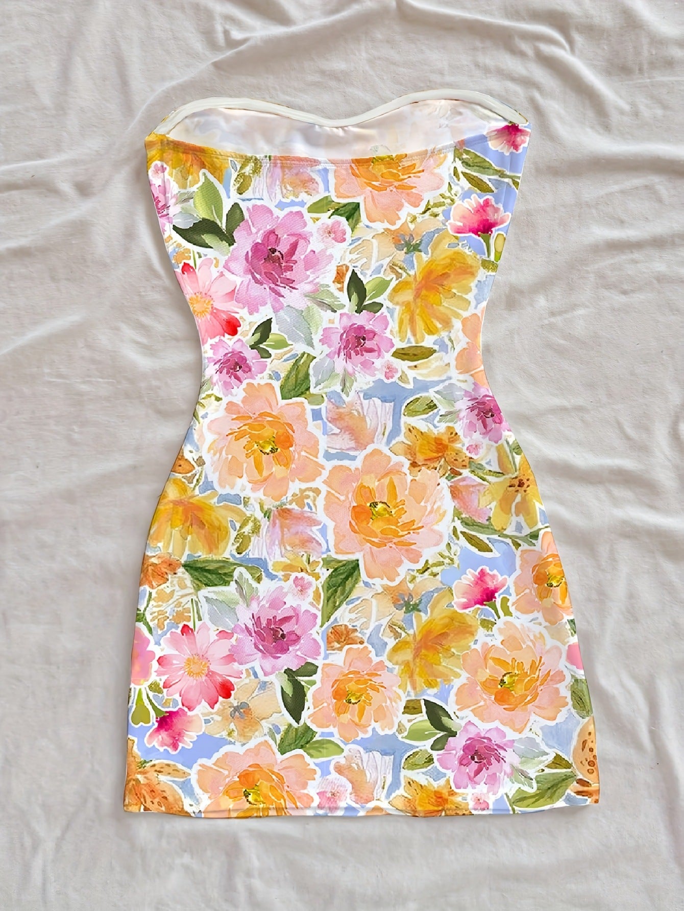 Women's Floral Print Elegant Waist-Defined French Inspired Midi Dress with Soft Flowing Silhouette