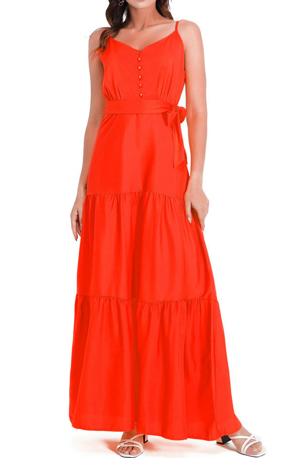 Women Elegent Solid Colored Sleeveless Styled Straped Shoulder Long Length V-Neck Relax Fit Party Dress
