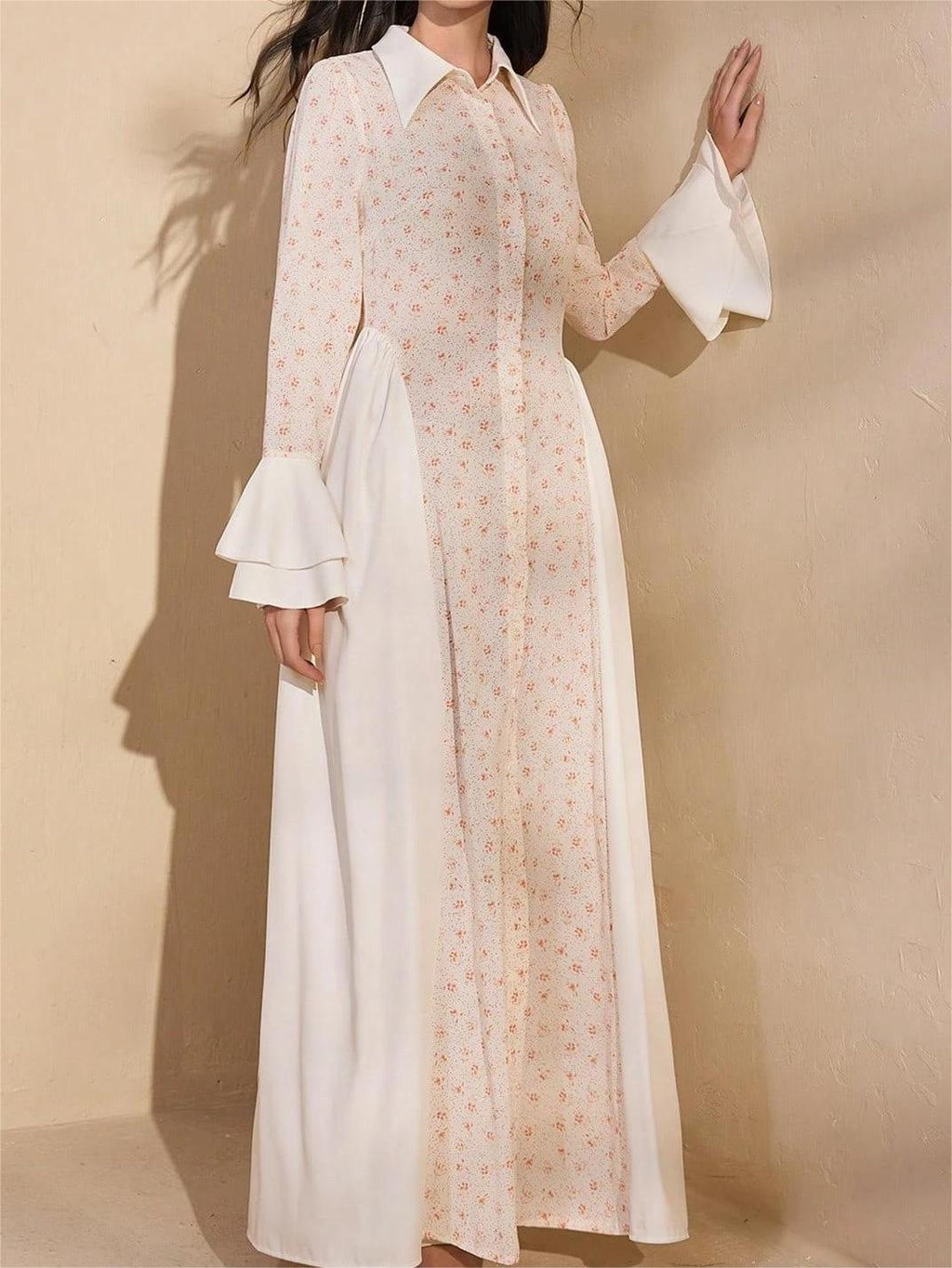 Women's Summer Elegant Long Sleeve Button Front Bell Sleeve Maxi Dress