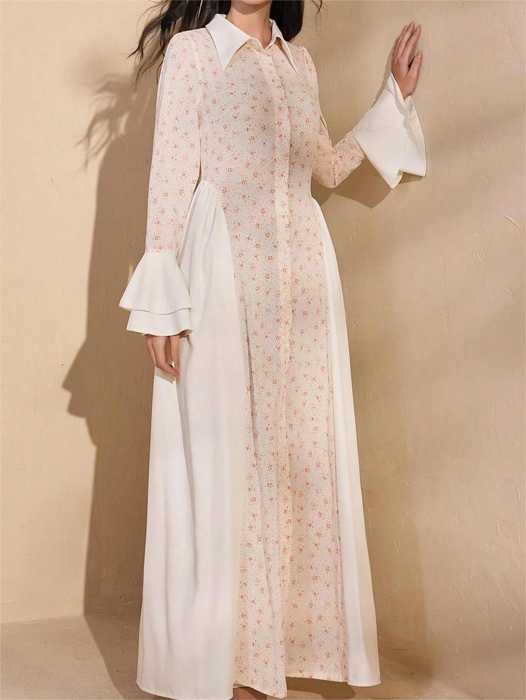 Women's Summer Elegant Long Sleeve Button Front Bell Sleeve Maxi Dress