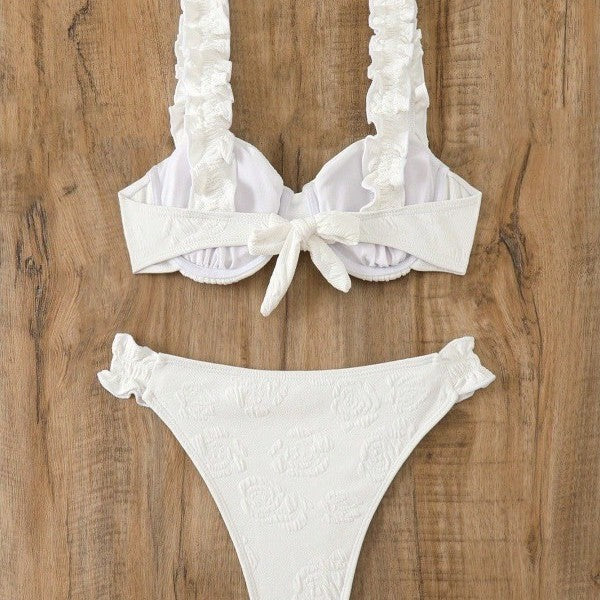 Solid Color Lace Double Shoulder Strap Two-Piece Bikini Swimsuit for Women