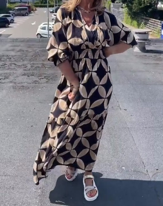 New Spring and Summer Loose V-Neck Copper Coin Print Casual Dress for Women
