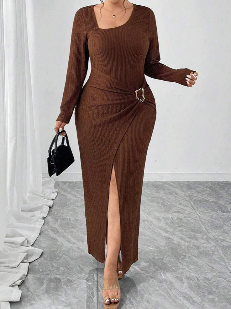 Women's Solid Color Long Sleeve Midi Dress with Waist Tie, Irregular Hem and Side Slit