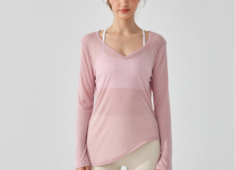 Women's Long Sleeve Yoga Blouse Hip-Covering Pleated Drawstring Top Loose Casual Autumn Dance Fitness Running Shirt