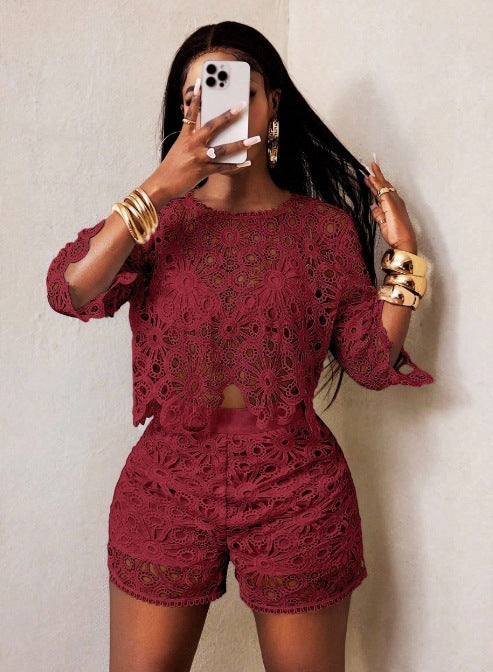 Women's Solid Color Cut-Out Lace Detail Two-Piece Suit Set