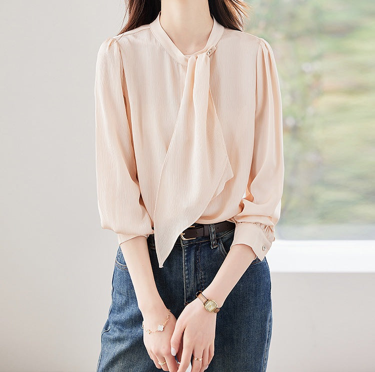 Women's Elegant Ribbon-Tie Long Sleeve Shirt - Premium Spring & Autumn Fashion Blouse