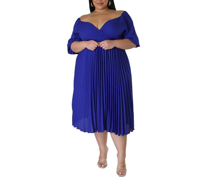 Women's Plus Size V-Neck Pleated Hem Short Sleeve Dress – Elegant Casual Flowy Midi Dress
