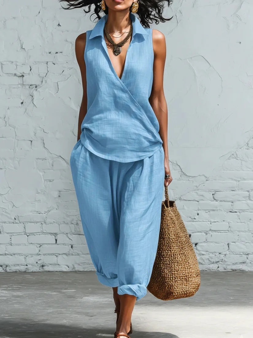 Women's Simple Lapel Shirt and Wide-Leg Pants Two-Piece Set
