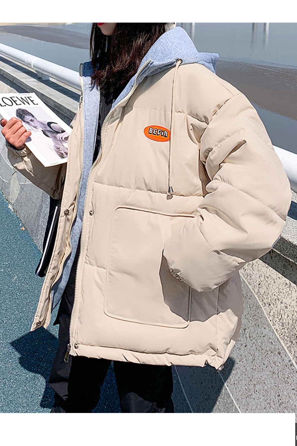 Women Elegent Solid Colored Drawstring Hat Neck Thick Long Sleeve Zipper Closure Winter Padded Jacket