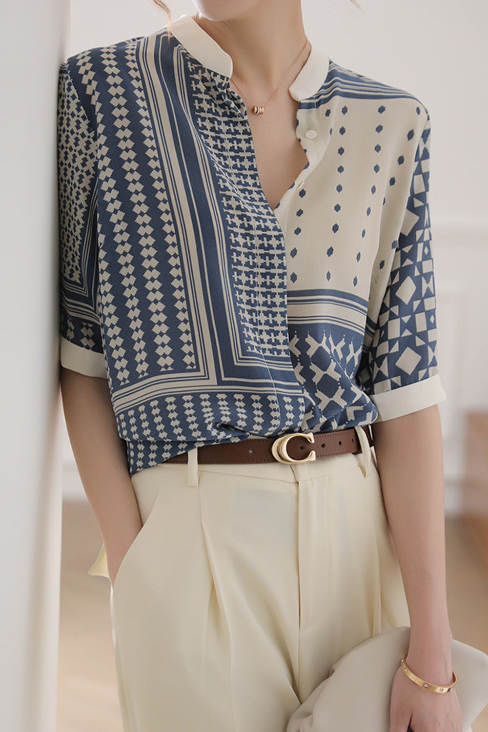Women Stand Up Collar Elbow Sleeve Lovely Striped Pattern Button Closure Summer Stylish Shirt