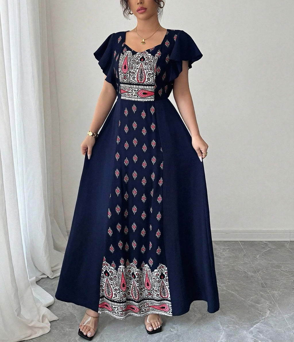 Women's Ethnic Print Maxi Dress – Elegant Waist-Defining Long Dress with Relaxed Fit and Short Sleeves