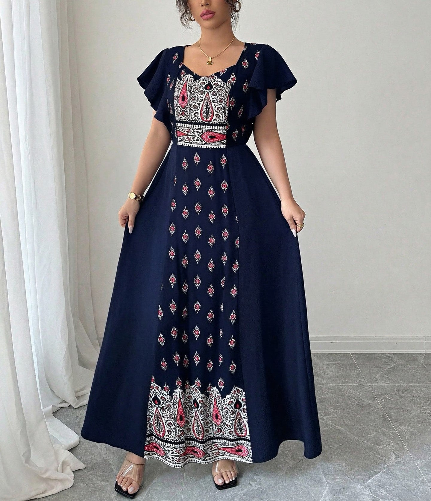 Women's Ethnic Print Maxi Dress – Elegant Waist-Defining Long Dress with Relaxed Fit and Short Sleeves