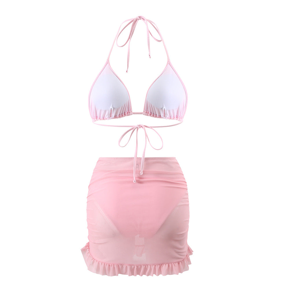 New Women's Three-Piece Set - Solid Color Hanging Neck Lace-Up Bikini with Gauze Skirt