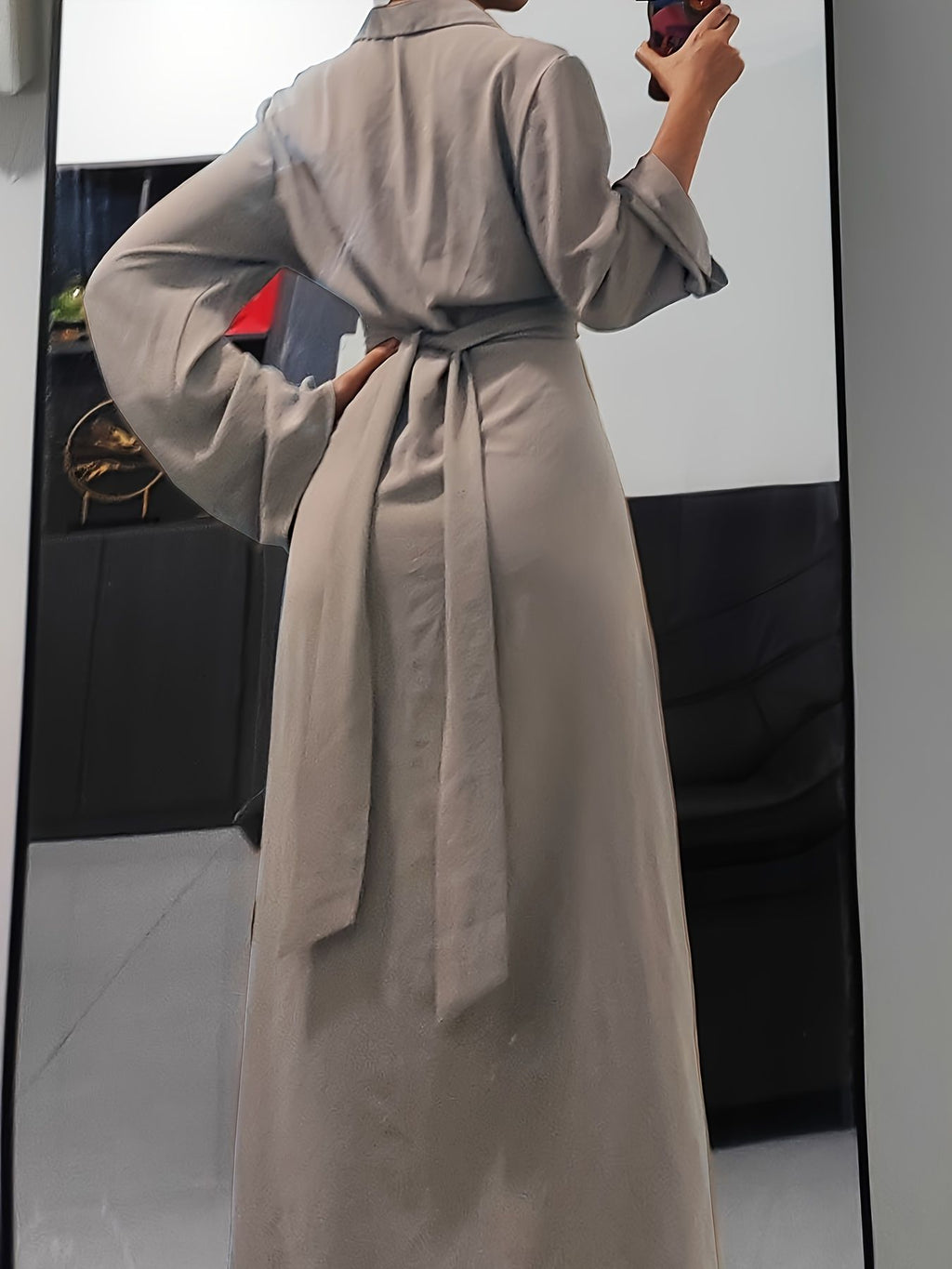 Women's Solid Color Button Front Waist Tie Long Sleeve Shirt Dress Midi Maxi Casual Long Skirt
