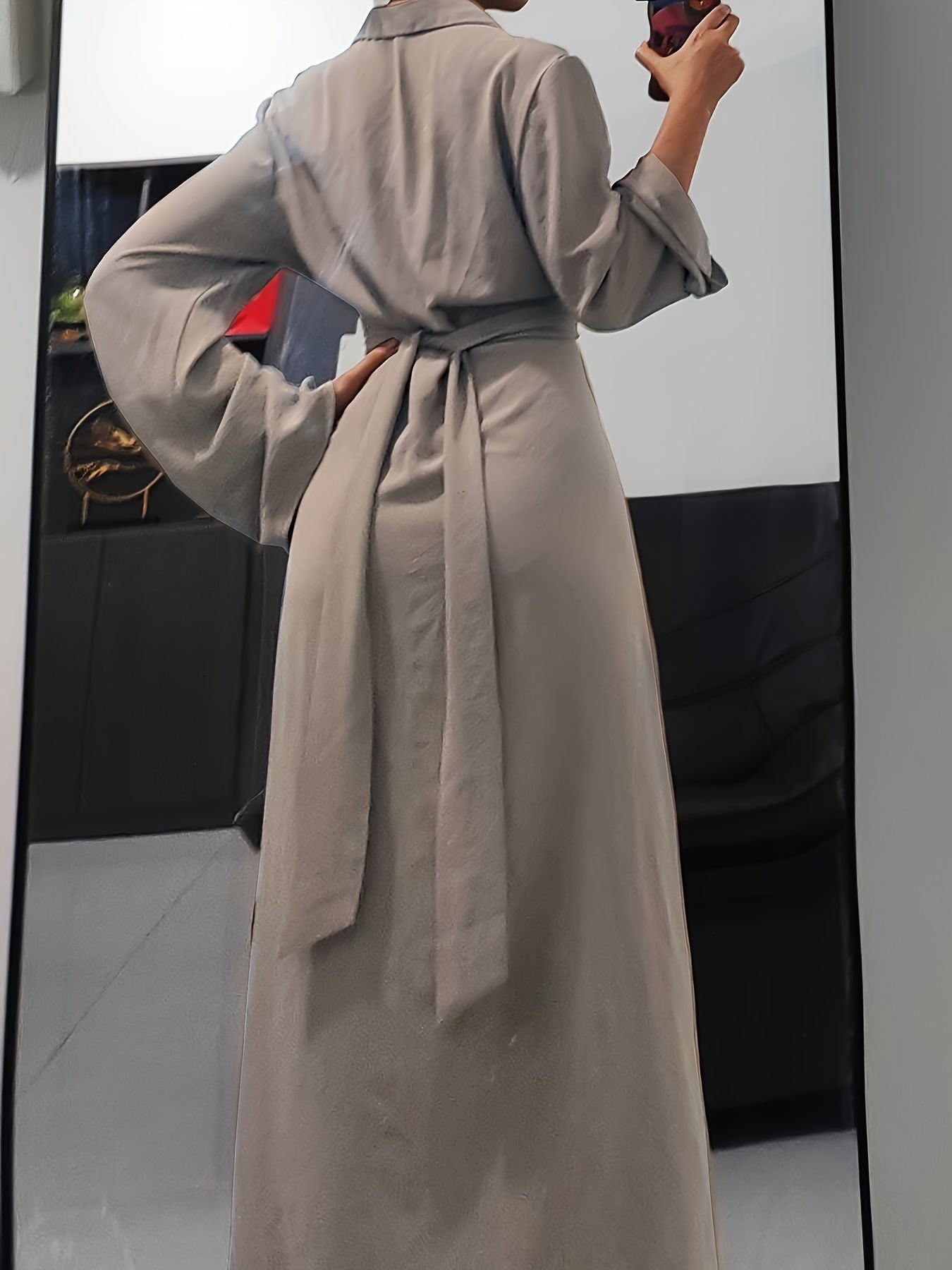 Women's Solid Color Button Front Waist Tie Long Sleeve Shirt Dress Midi Maxi Casual Long Skirt