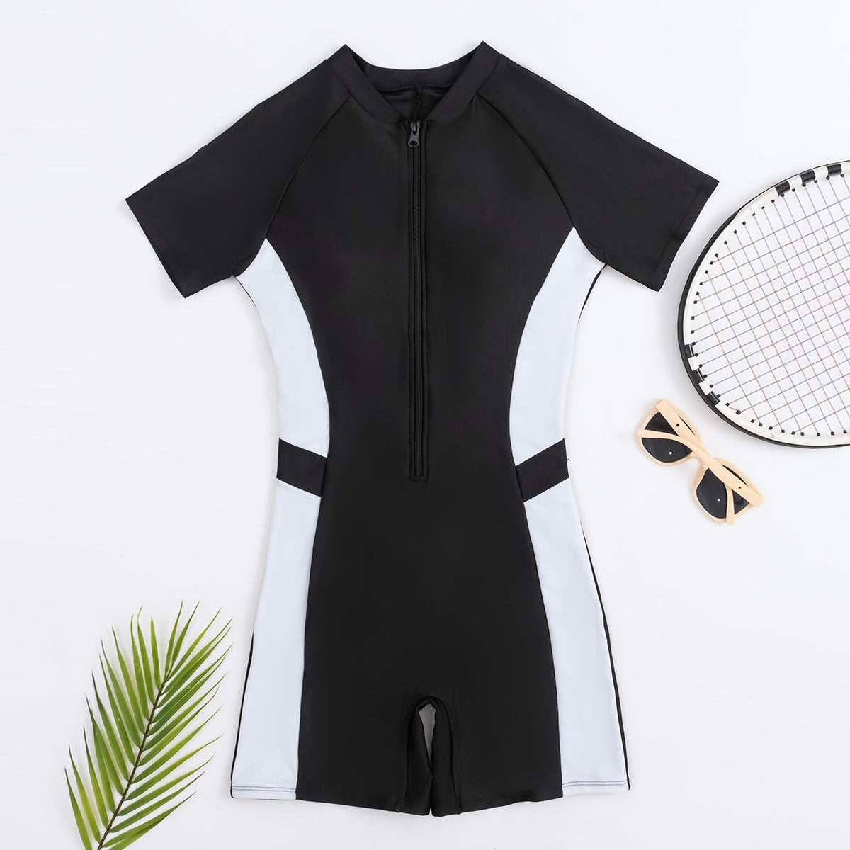 High Elastic Contrast Color Zipper Women's Half-Sleeve Surfing Swimsuit
