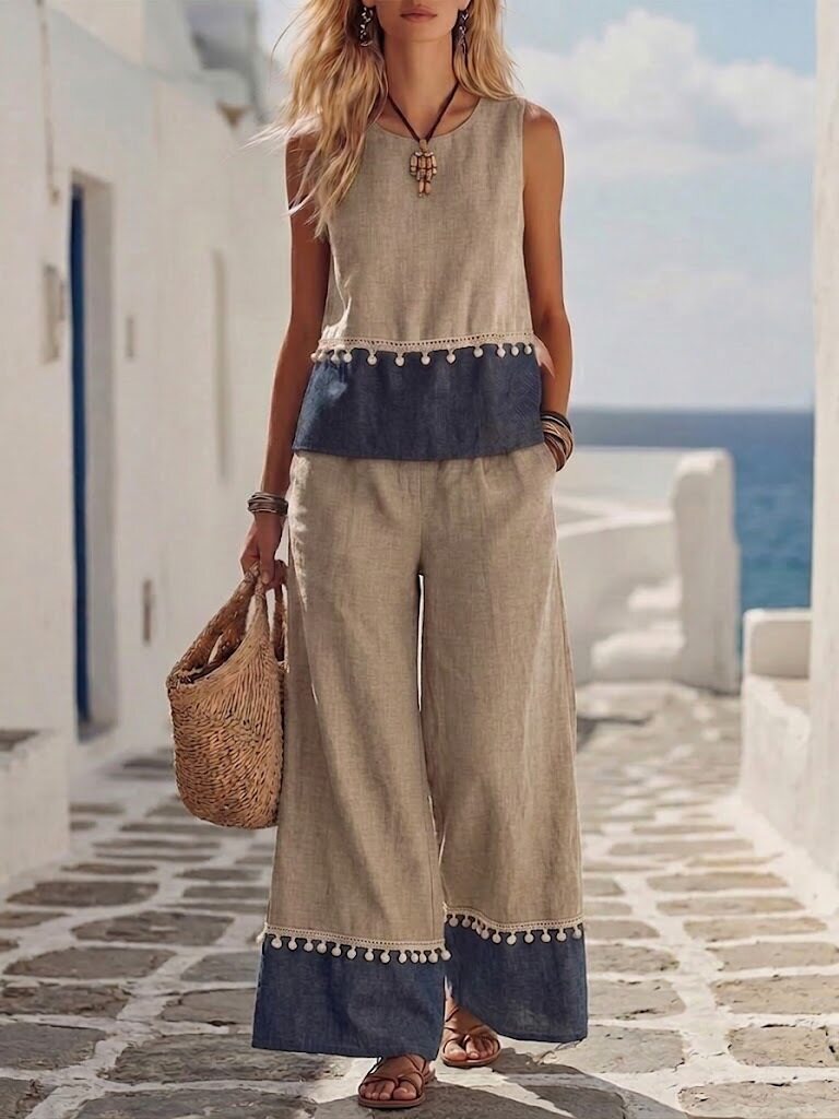 Women's Lace-Trimmed Sleeveless Top and Wide-Leg Pants Two-Piece Set