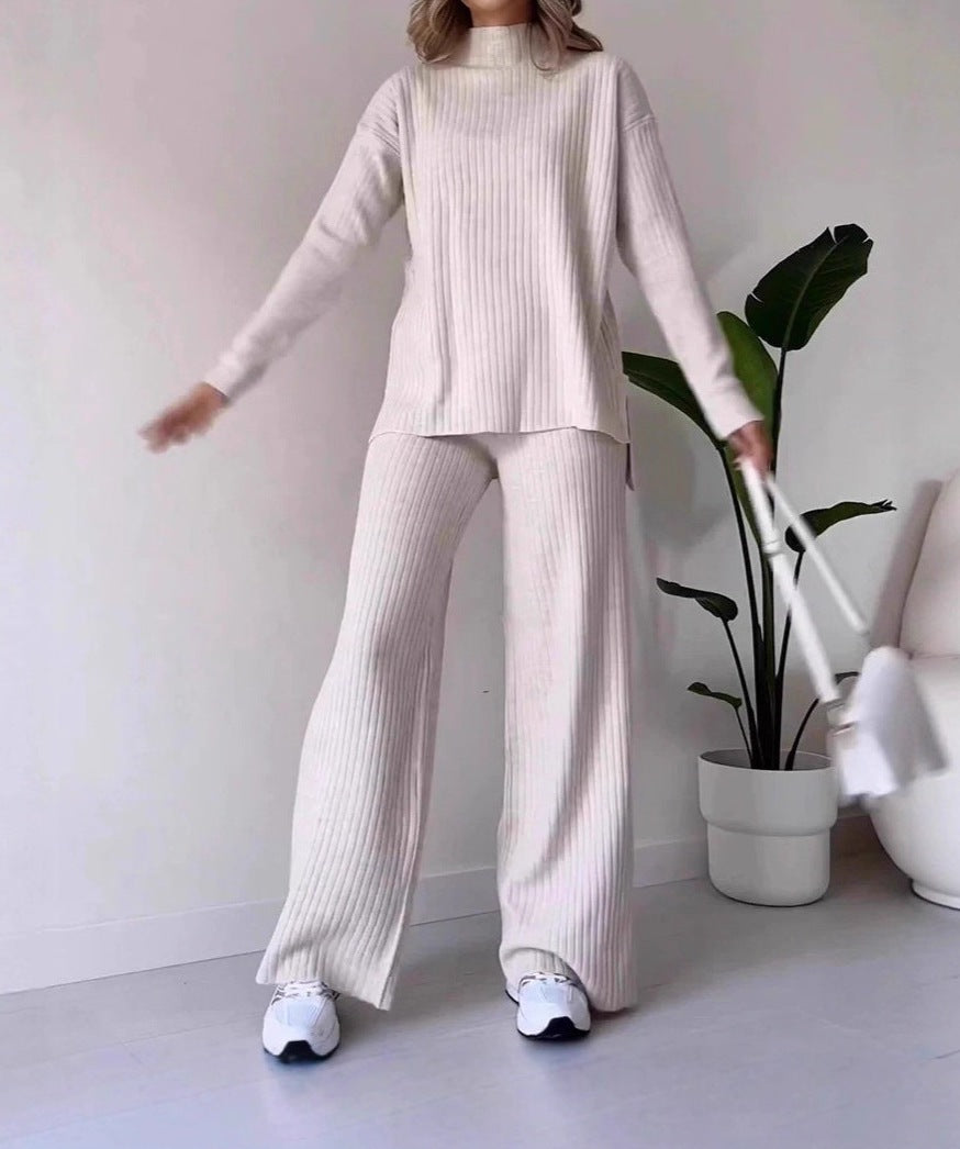 Women's Casual Commuting Solid Color Ribbed Long Sleeve Top and Pants Two-Piece Lounge Set