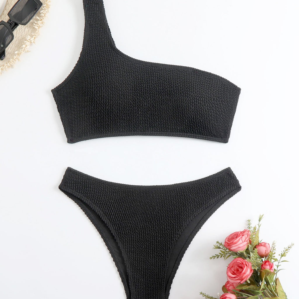 New Solid Color One-Shoulder Tube Top Bikini with High-Waist Split Bottom for Women