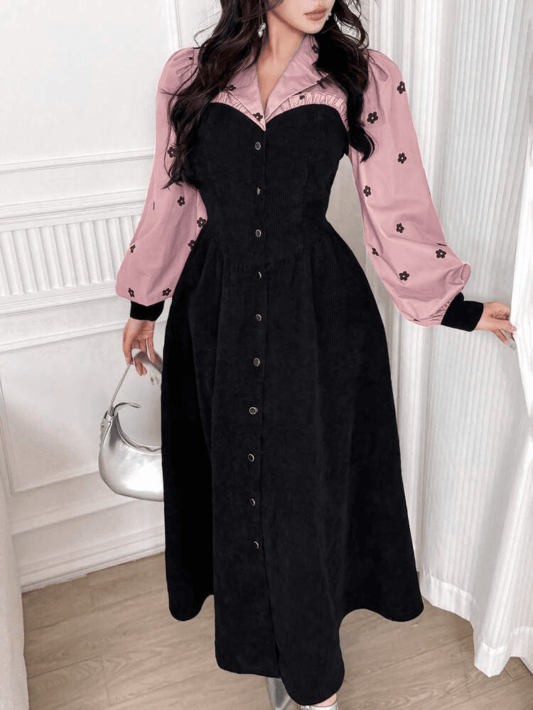 Women's Retro French-Inspired Long Sleeve Contrast Waist Defined Midi Dress