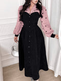 Women's Retro French-Inspired Long Sleeve Contrast Waist Defined Midi Dress