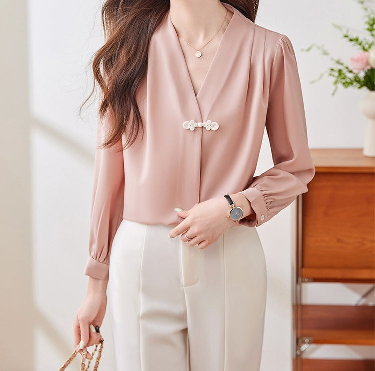 Women's Spring Elegant V-Neck Long Sleeve Blouse - Lightweight Casual Office Shirt
